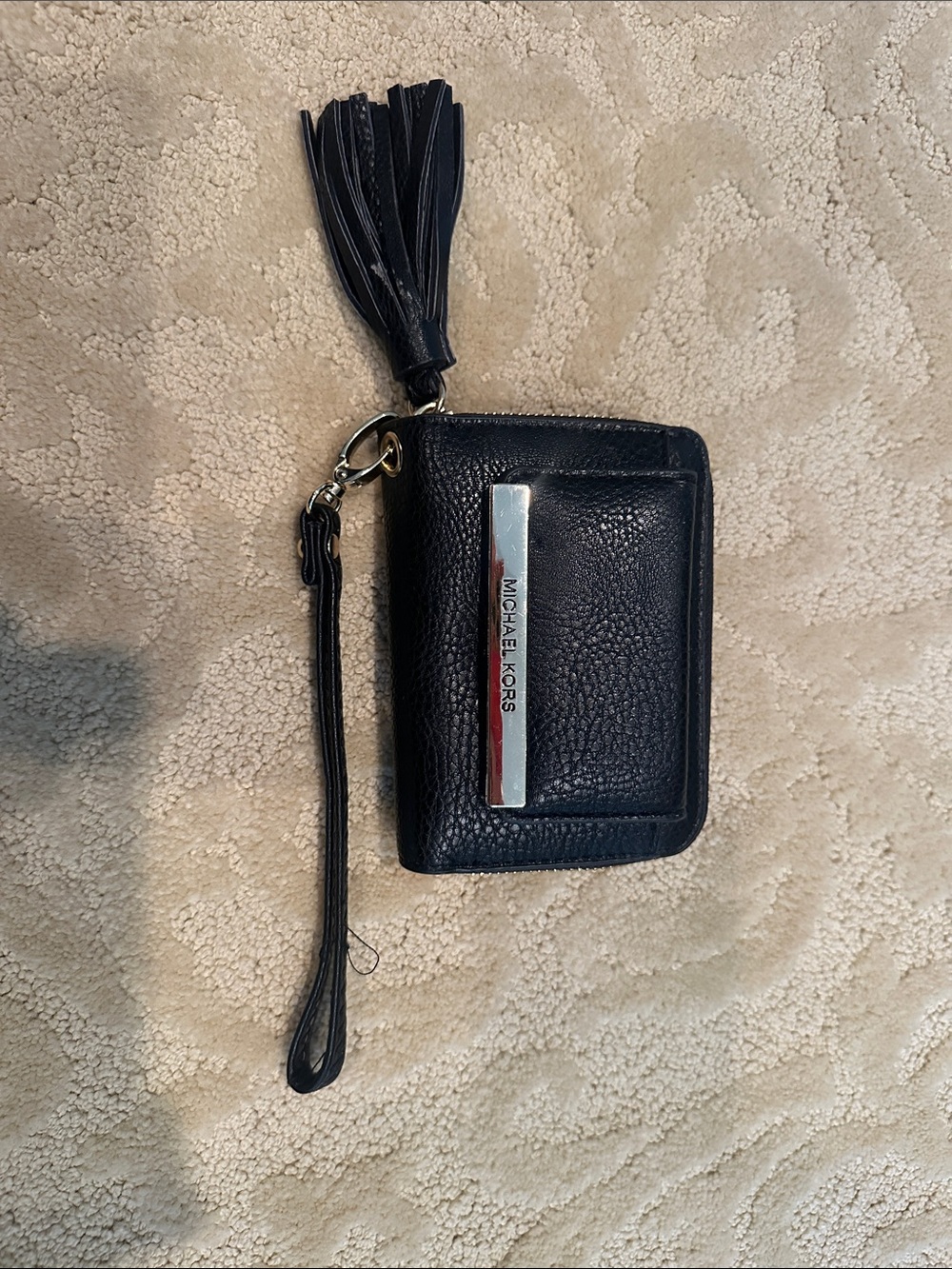 Michael Kors Black Leather Wristlet Card Case with Tassel Charm